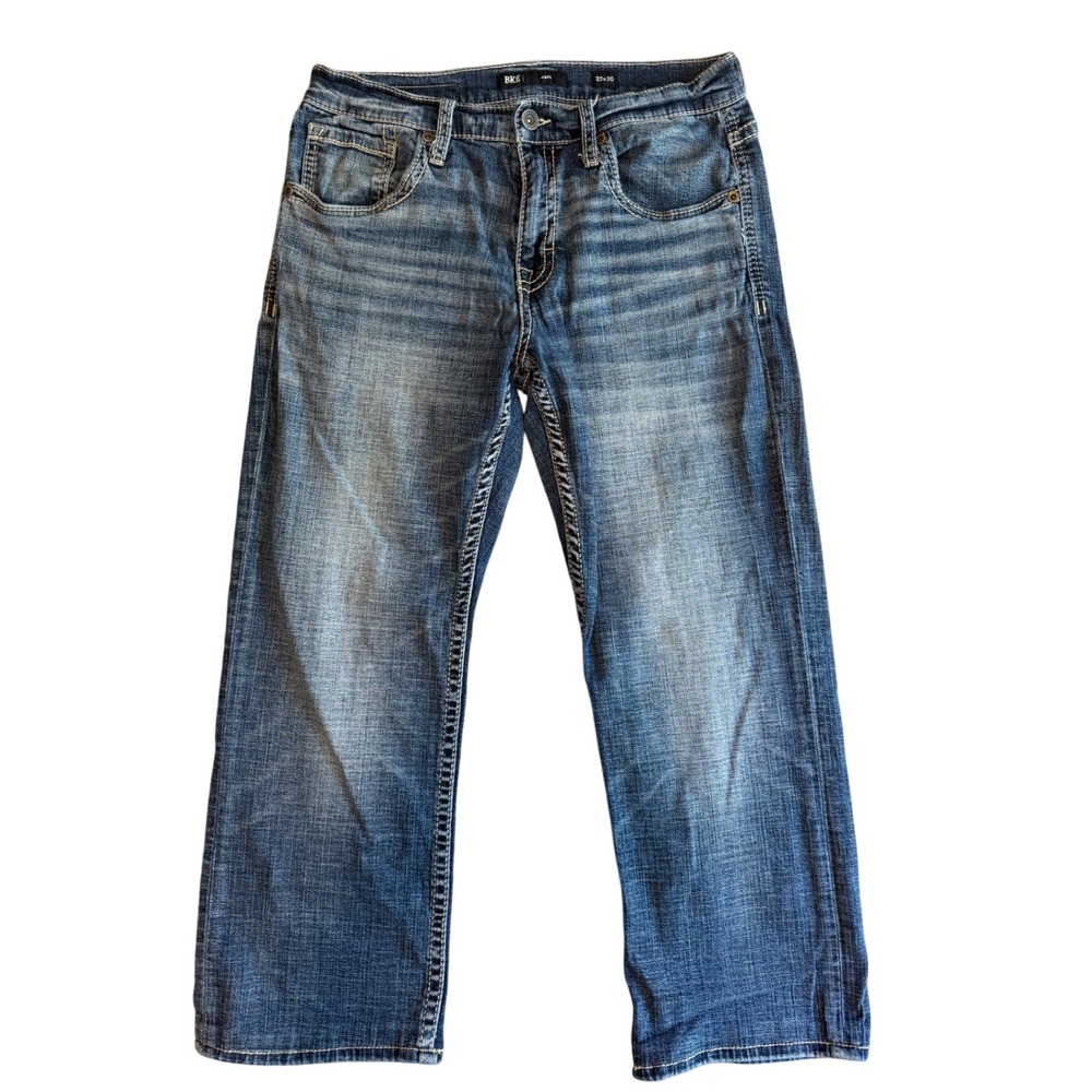 BKE Jake Mens Straight Leg Jeans 33x30 Medium Wash Blue Denim Embroidered Pocket